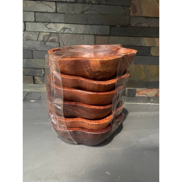 Vintage accent wooden hawaiin flower shaped monkey pod flute bowl set of 6 - Picture 3 of 3